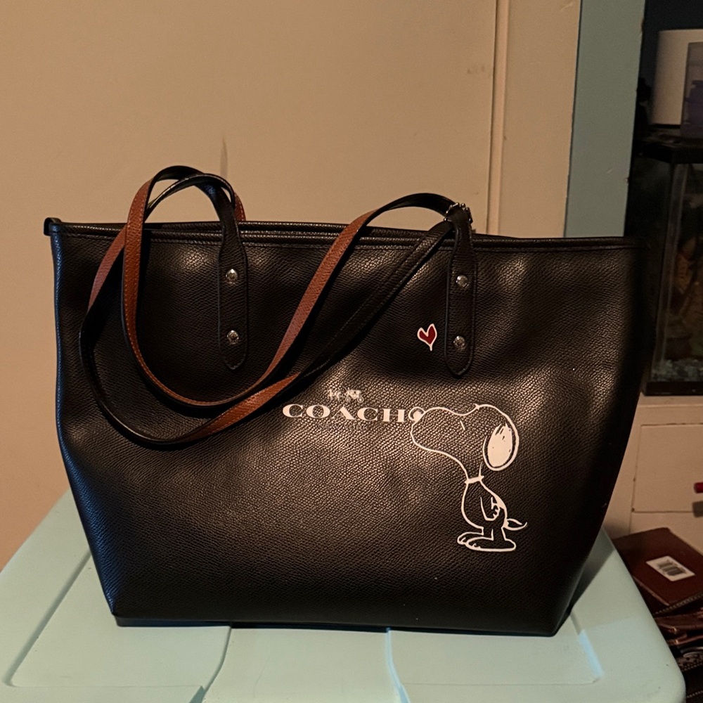 Coach Black Snoopy Graphic Leather Tote with Brown Straps